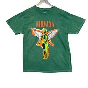 Nirvana Band Tee Mens Large Green T Shirt Angel Graphic Cotton Grunge Retro NWOT